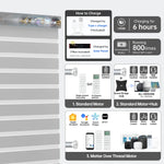 Smart 80% light gray motorized zebra shade with Bluetooth, Zigbee, or Matter motor; 6h charge powers 800+ uses.