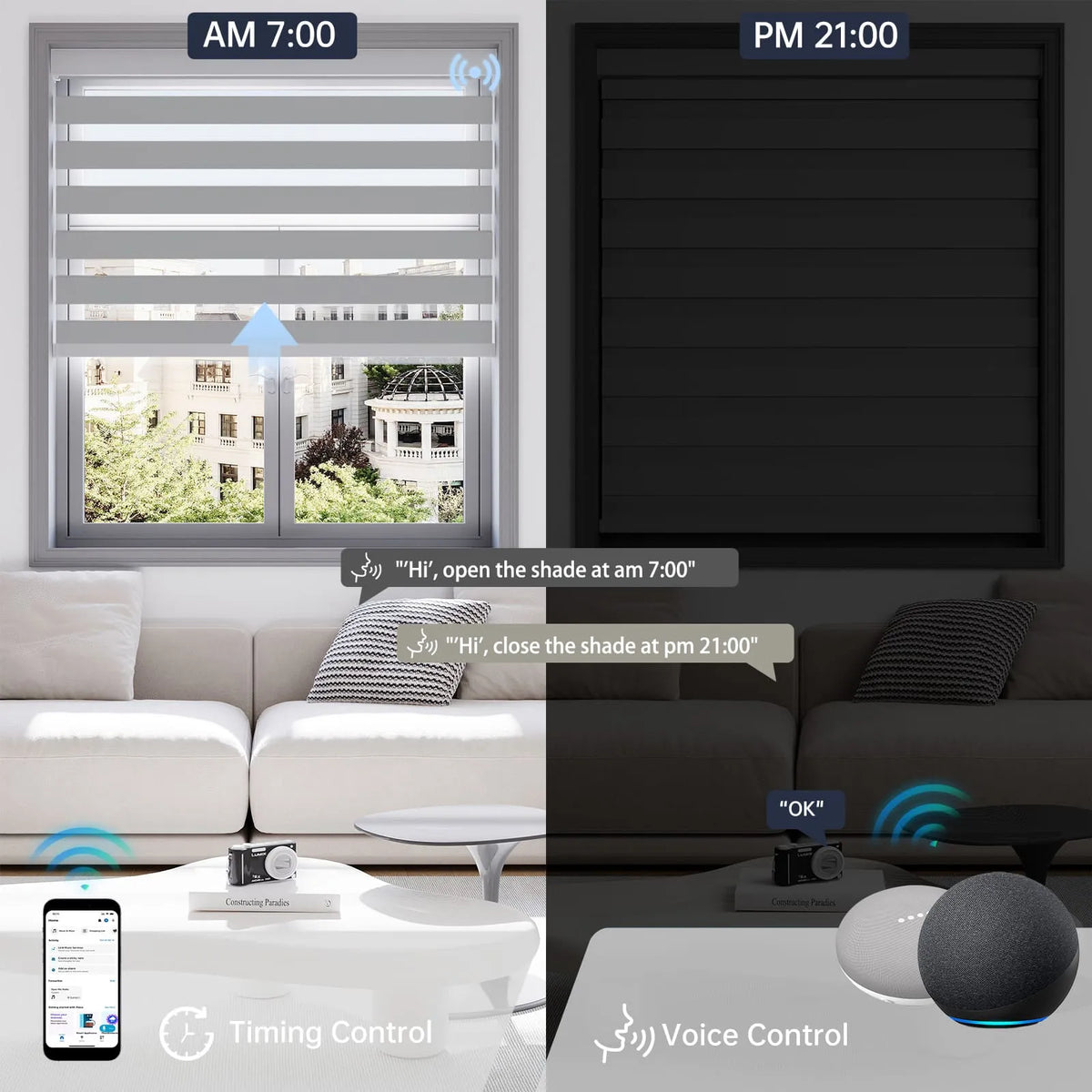 Classic 65% light grey motorized zebra shade supports voice commands and scheduled timer for effortless daily control.