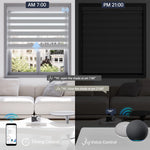 Classic 65% light grey motorized zebra shade supports voice commands and scheduled timer for effortless daily control.