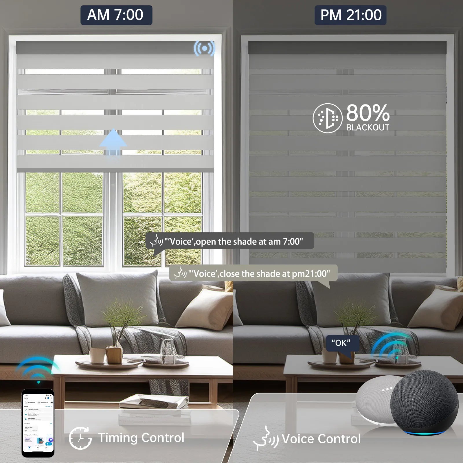 Motorized 80% light gray zebra shade supports voice control and timer scheduling for hands-free operation.