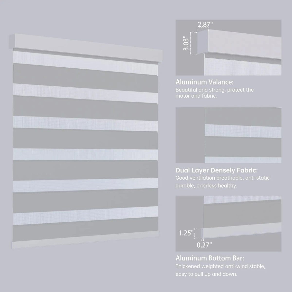 Close-up of 65% light grey zebra shade metal headrail and bottom rail, emphasizing striped design.