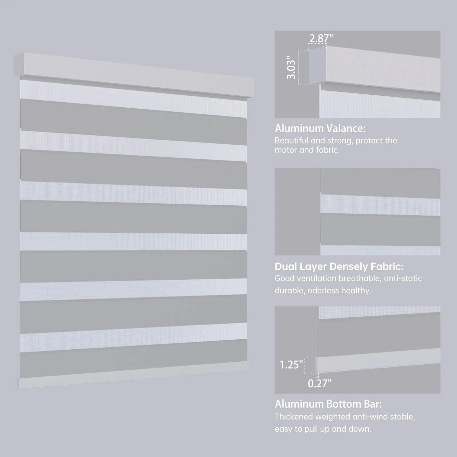Close-up of 65% light grey zebra shade metal headrail and bottom rail, emphasizing striped design.