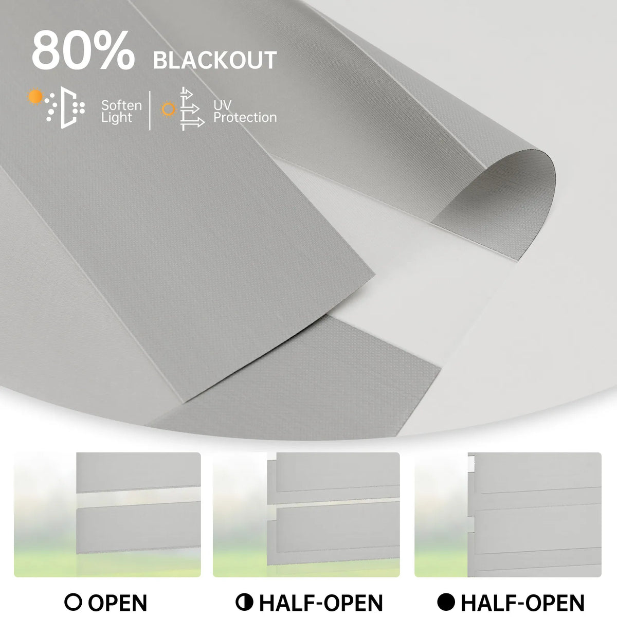 80% light gray zebra shade in fully open, half-open, and closed positions; soft light and sun protection.