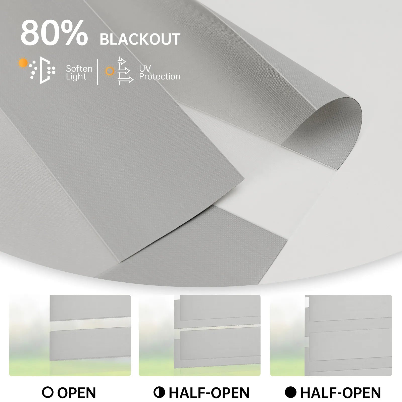 80% light gray zebra shade in fully open, half-open, and closed positions; soft light and sun protection.