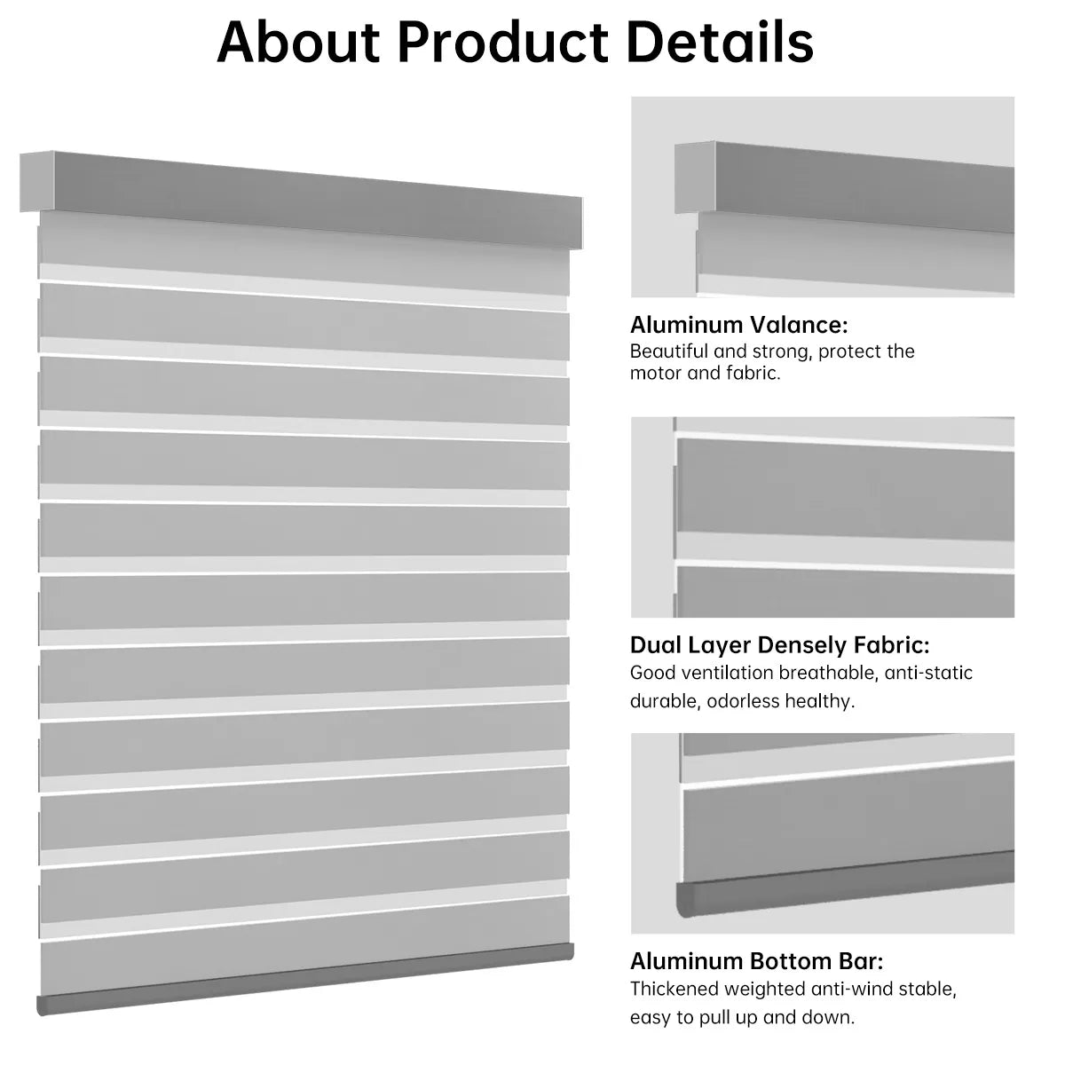 Close-up of 80% light gray zebra shade headrail and bottom rail, highlighting sleek stripe design.