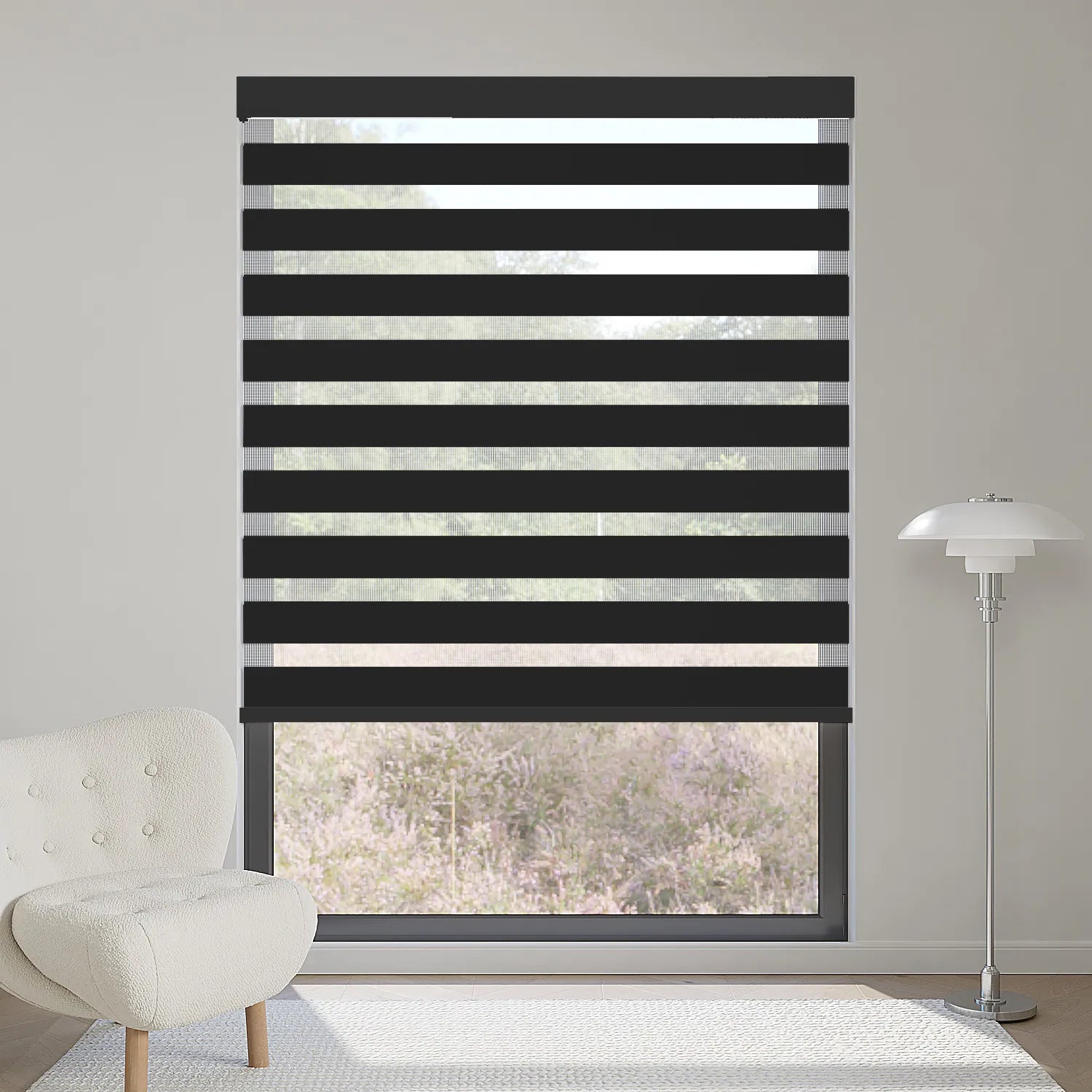 Premium 95% luxury black zebra shade blocks almost all sunlight while adding a modern layered look.