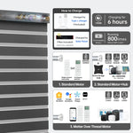 Smart 95% luxury black motorized zebra shade with Bluetooth, Zigbee, or Matter motor; 6h charge supports 800+ uses.