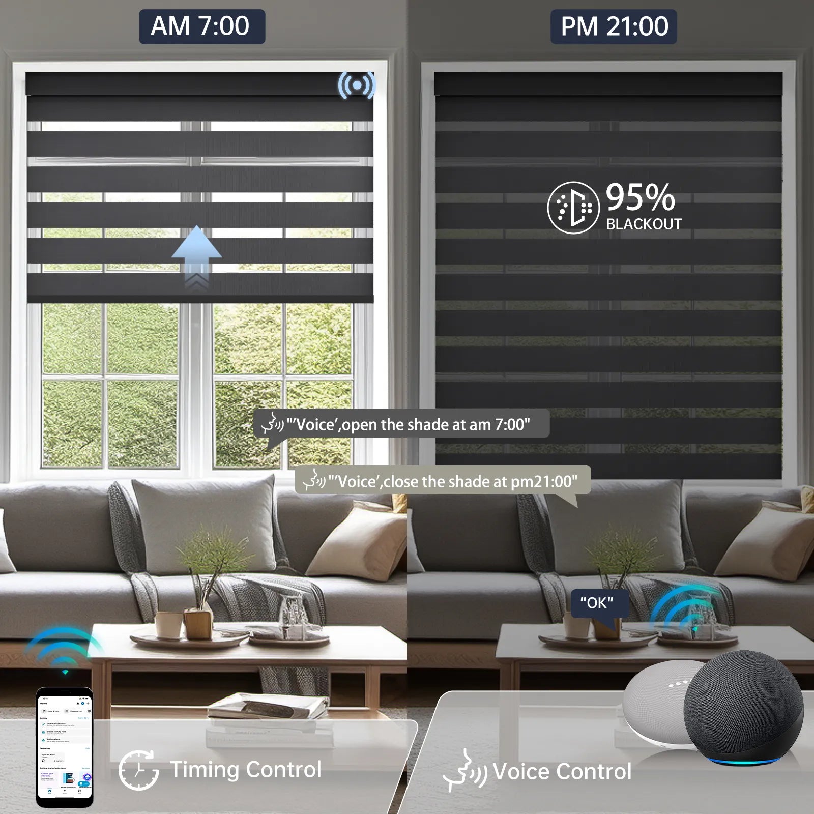 Motorized 95% luxury black zebra shade supports voice commands and scheduled timer for effortless use.