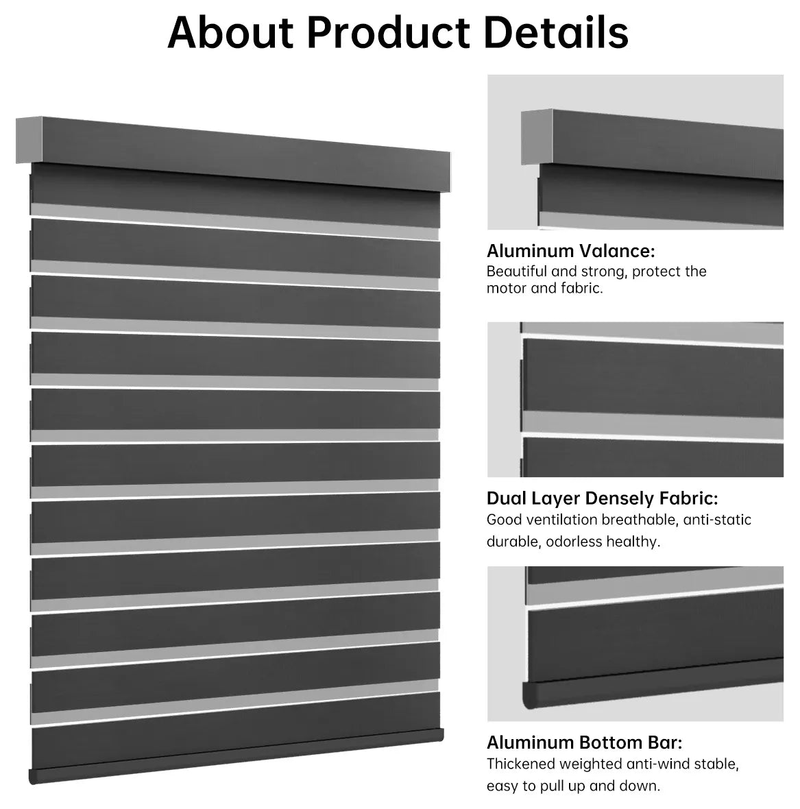 Close-up of 95% luxury black zebra shade headrail and bottom rail, emphasizing premium striped design.