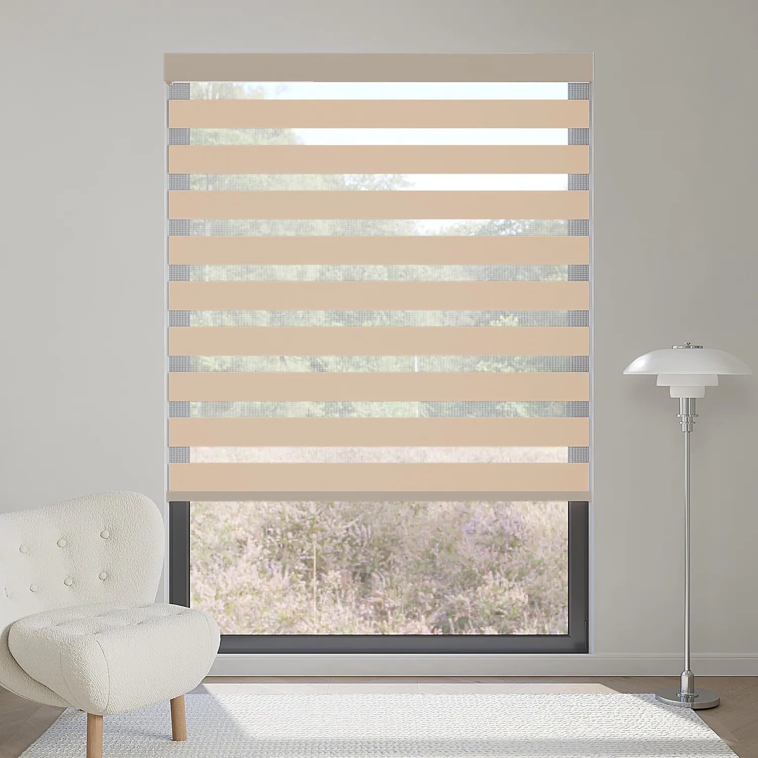 Premium 80% luxury coffee zebra shade filters sunlight while adding warm, sophisticated layered effect.