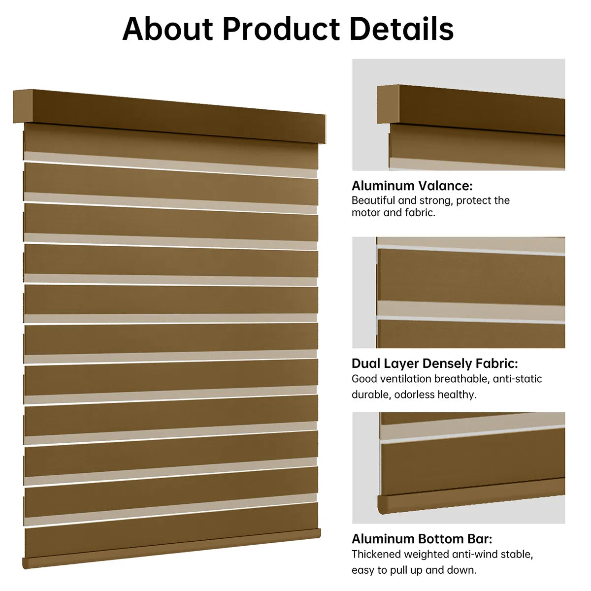 Close-up of 80% luxury coffee zebra shade headrail and bottom rail, showcasing elegant striped design.