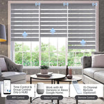 Luxury grey zebra shade controllable via app, voice, or hub remote; supports grouping up to 16 shades.