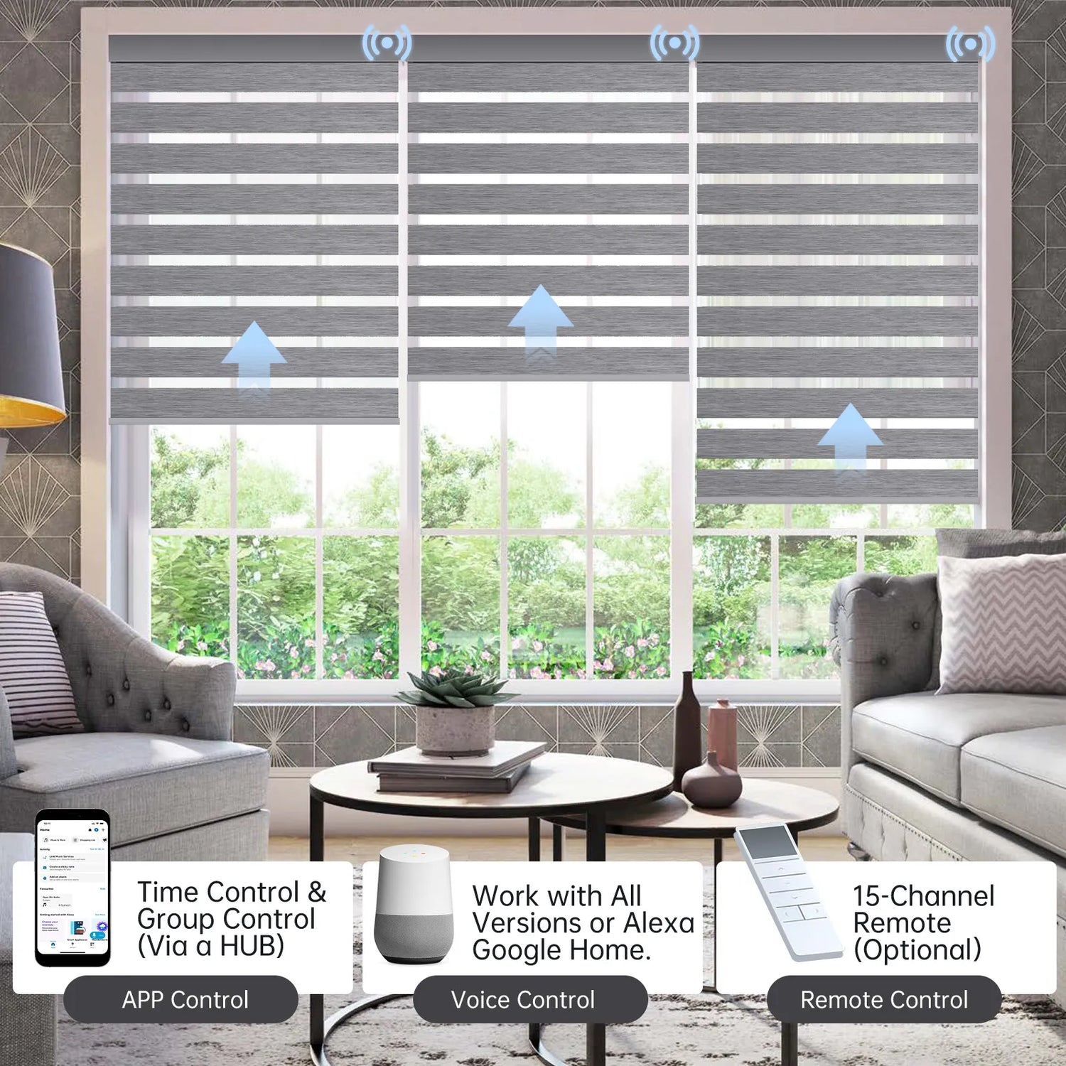 Luxury grey zebra shade controllable via app, voice, or hub remote; supports grouping up to 16 shades.
