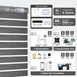 Smart luxury grey motorized zebra shade with Bluetooth, Zigbee, or Matter motor; 6h charge powers 800+ uses.