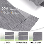 Luxury grey zebra shade in fully open, half-open, and closed positions; soft light and sun protection.