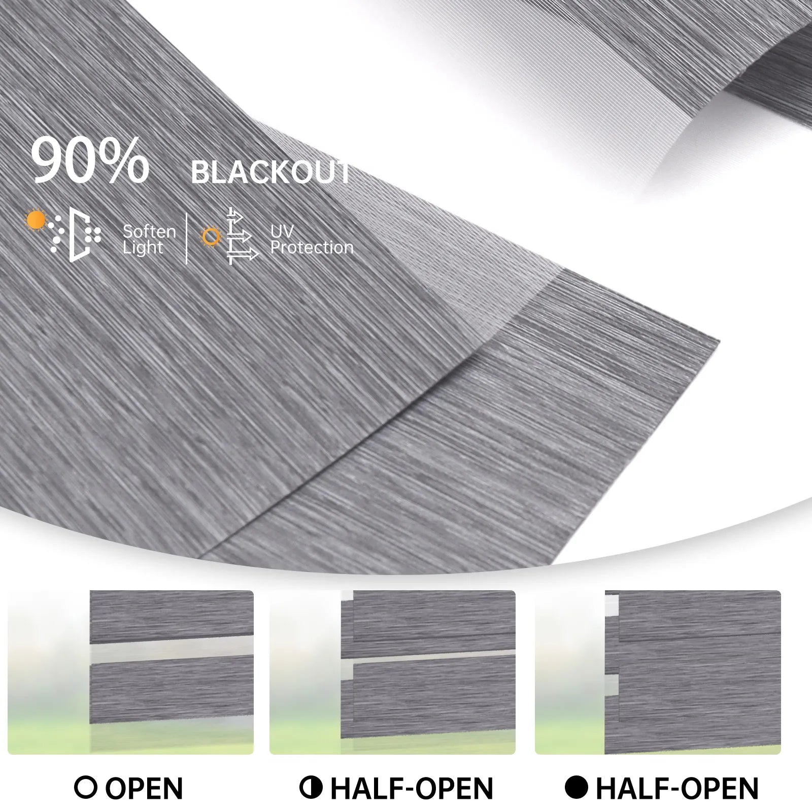 Luxury grey zebra shade in fully open, half-open, and closed positions; soft light and sun protection.