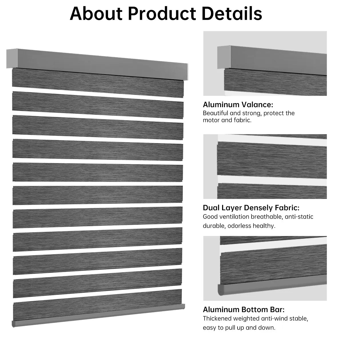 Close-up of luxury grey zebra shade headrail and bottom rail, showcasing premium striped design.