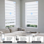 60% white zebra shade controllable via app, voice, or hub remote; supports up to 16 grouped shades.