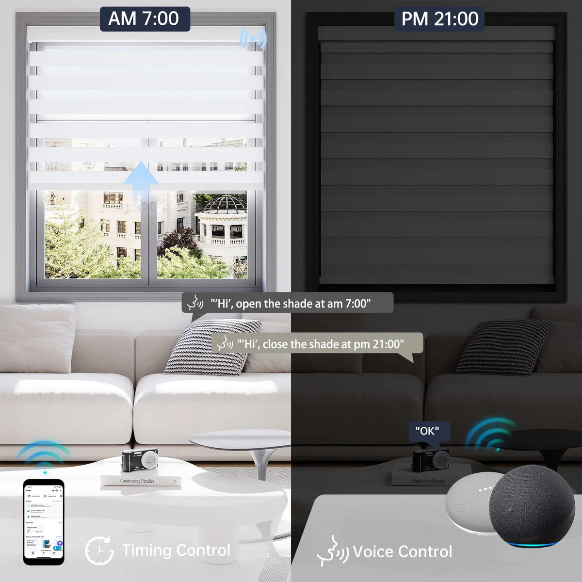 Motorized 60% white zebra shade supports scheduled timer and voice commands for effortless daily control.