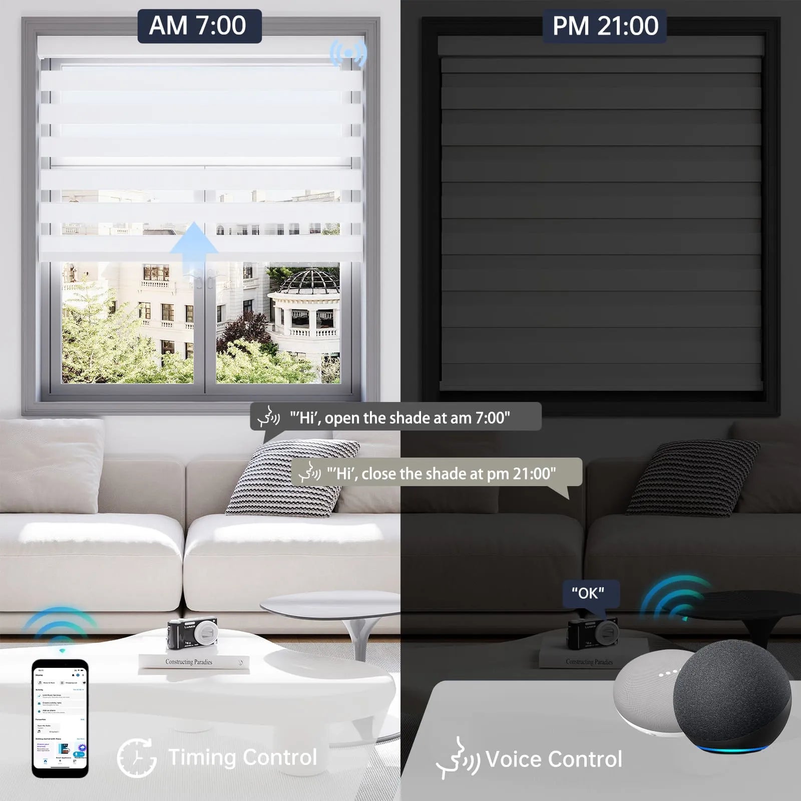 Motorized 60% white zebra shade supports scheduled timer and voice commands for effortless daily control.
