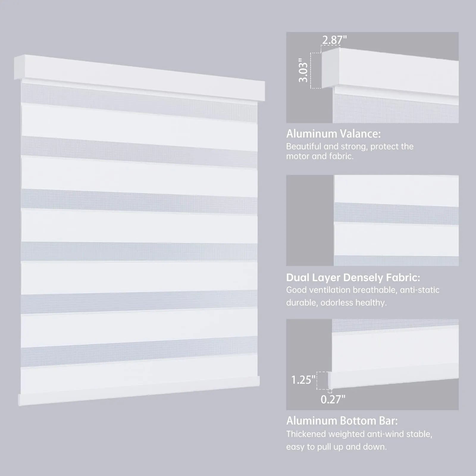 Close-up of 60% white zebra shade headrail and bottom rail, highlighting sleek zebra stripe design.