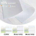 60% white zebra shade shown fully open, half-open, and closed; softly filters light and blocks sun.