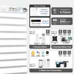 Smart 90% Matte White motorized zebra shade with Bluetooth, Zigbee, or Matter motor; 6h charge powers 800+ uses.