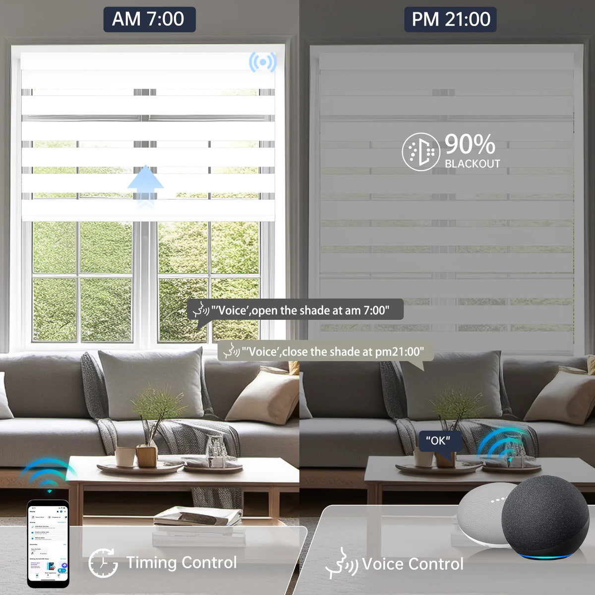 Motorized 90% Matte White zebra shade supports voice commands and timer scheduling for effortless operation.
