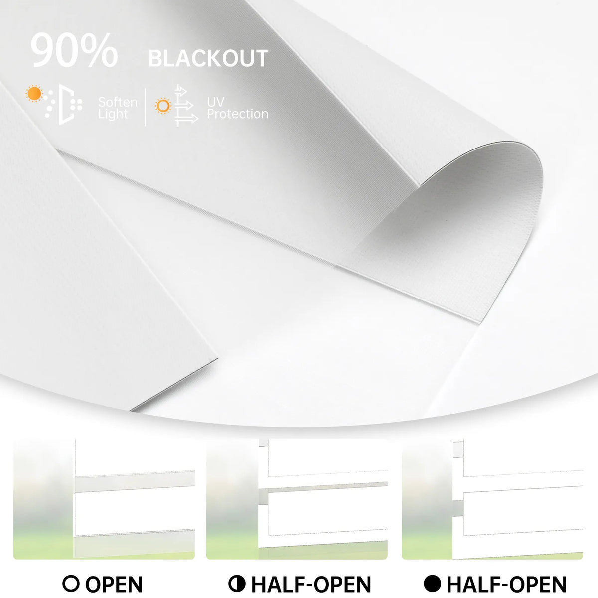90% Matte White zebra shade shown fully open, half-open, and closed; soft light and sun protection.