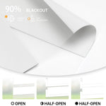90% Matte White zebra shade shown fully open, half-open, and closed; soft light and sun protection.