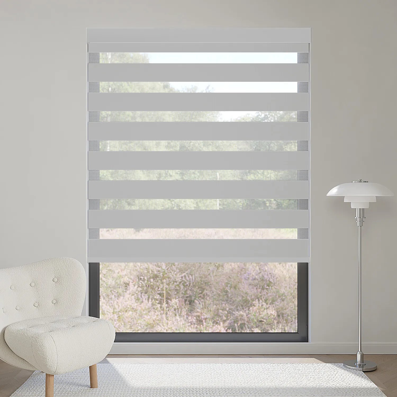 Classic 65% light grey motorized zebra shade filters sunlight while providing subtle, modern layered lighting indoors.