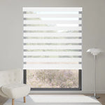 Premium 90% Matte White zebra shade blocks most sunlight, creating bright, soft layered lighting indoors.