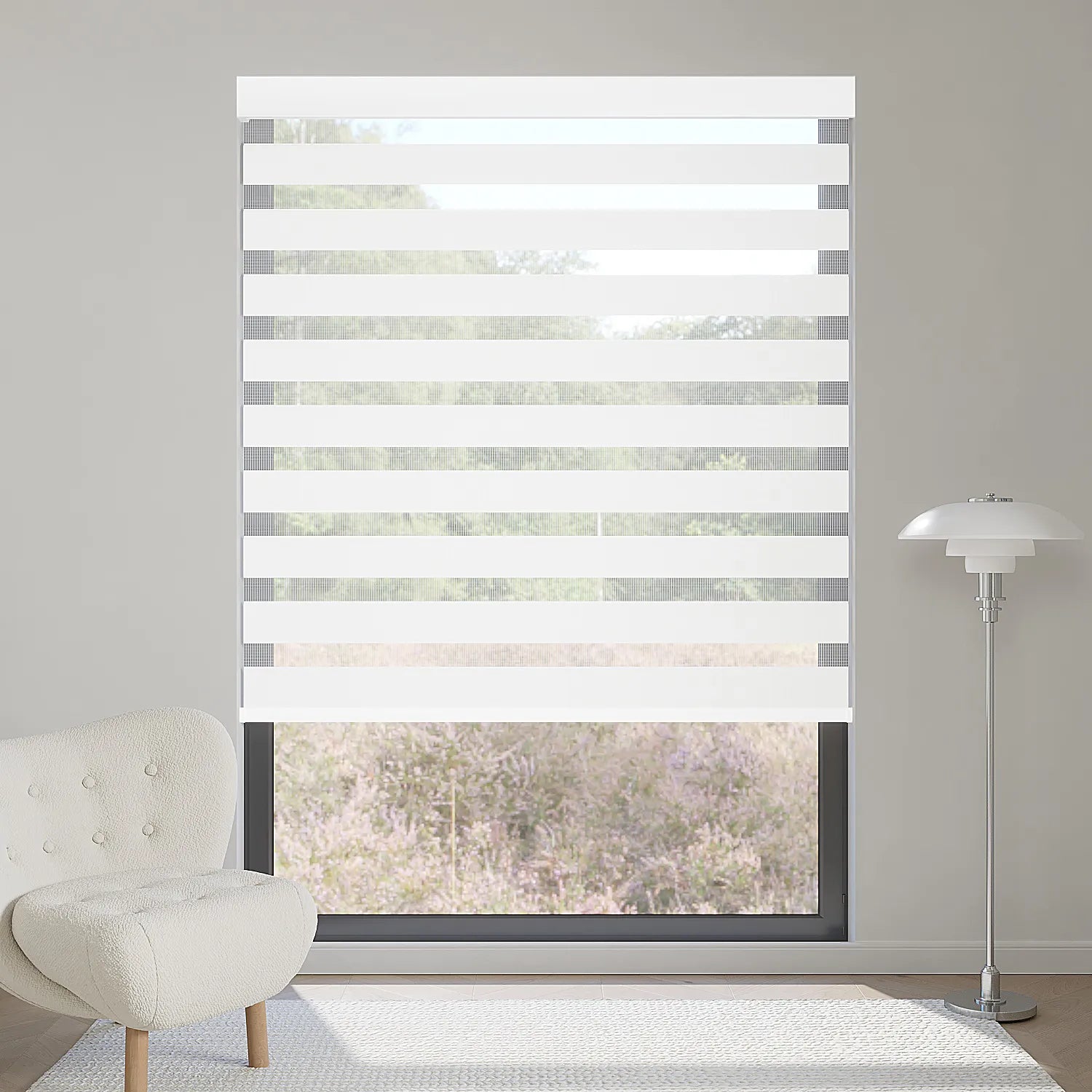 Premium 90% Matte White zebra shade blocks most sunlight, creating bright, soft layered lighting indoors.